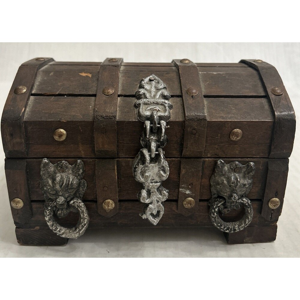 Vintage Wooden Pirate Treasure Chest Jewelry Box Lion Head Hardware Decor